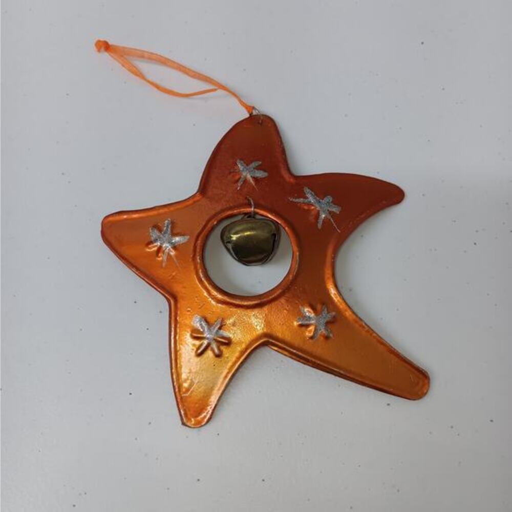 Star Christmas Ornament Orange Metal‎ Jingle Bell Starburst Holiday Rustic